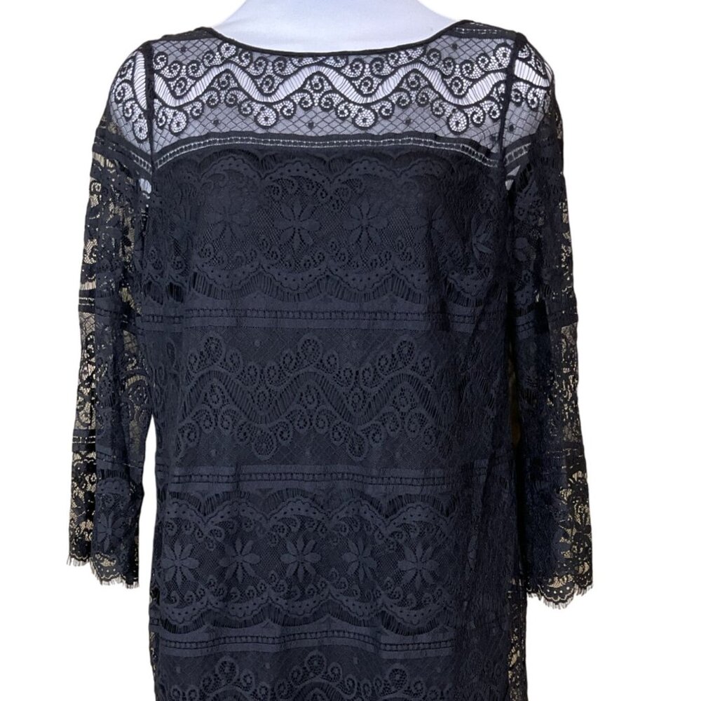 Chelsea & Violet 3/4 Sleeve Black Mini Sheath Dress Detailed Lace Overlay Small